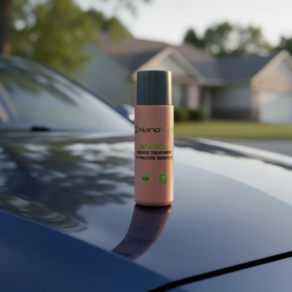 A NanoTune bottle standing on the hood of a car in a driveway