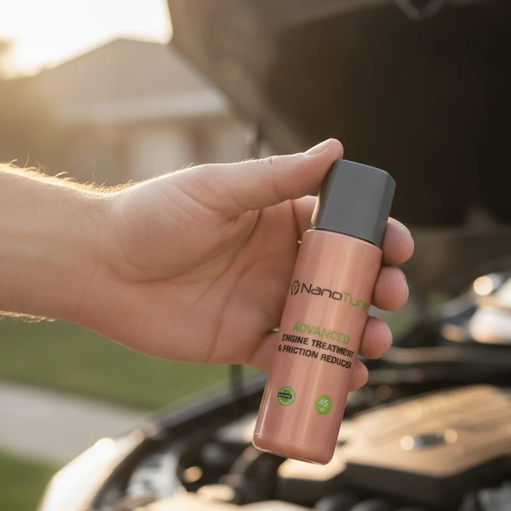 A NanoTune bottle held in a driver's hand, small enough to fit in the palm