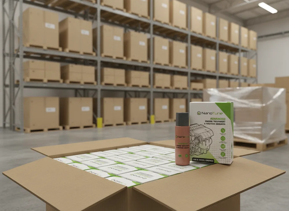 Warehouse racks stacked with NanoTune stock